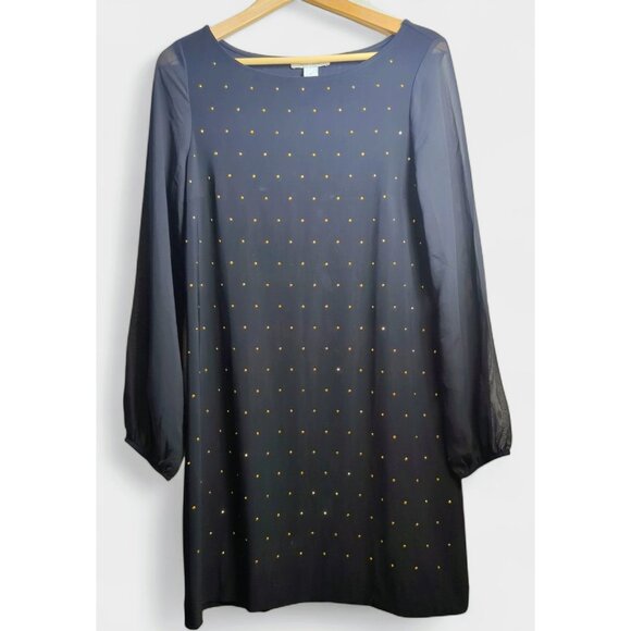 White House Black Market Women's‎ Black Midi Dress Gold Studs Sheer Long Sleeves - Picture 2 of 9